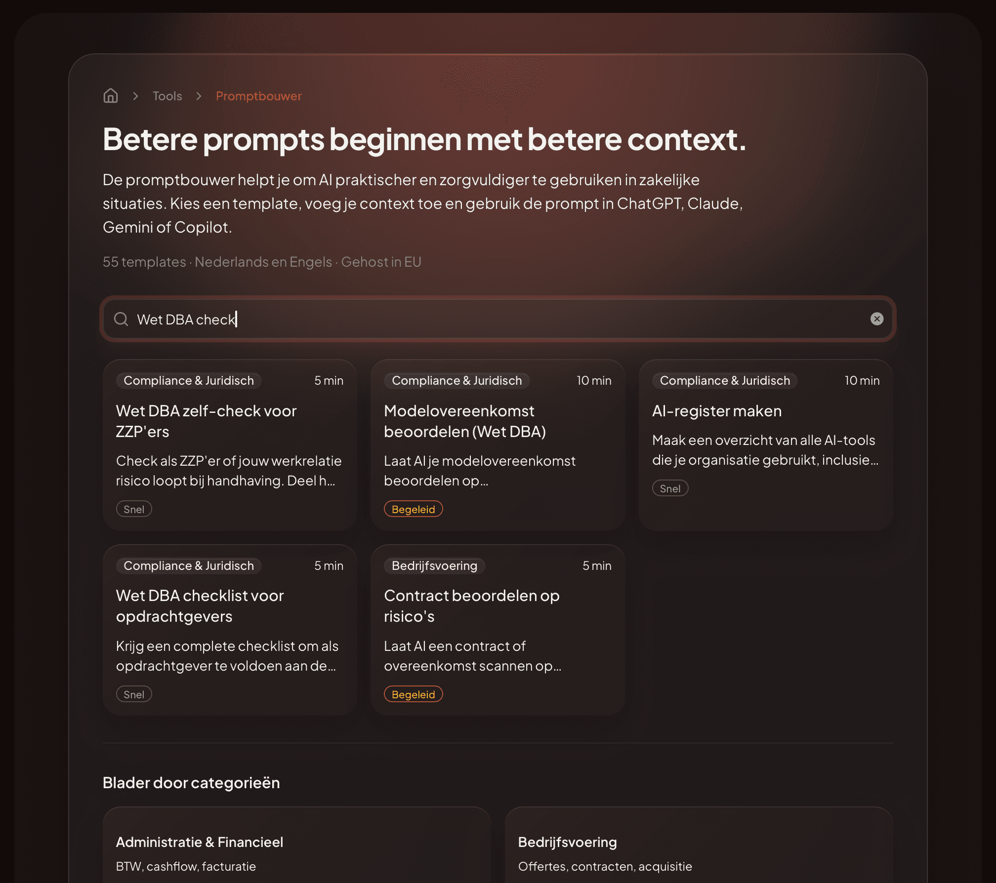 Screenshot van de Viabari promptbouwer met Wet DBA templates